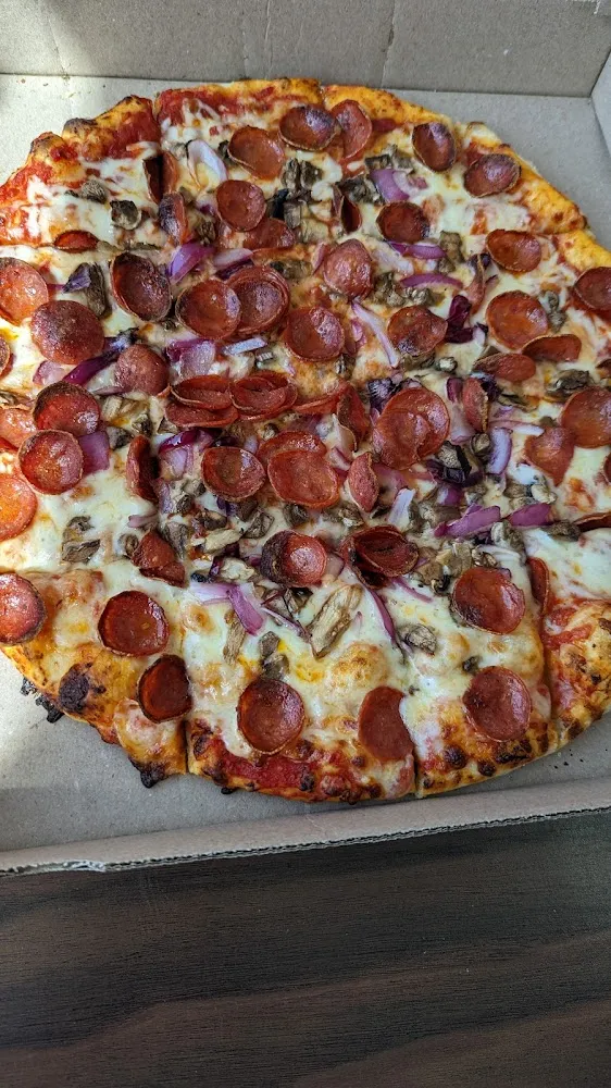 Pepperoni Mushroom and Onion Pizza